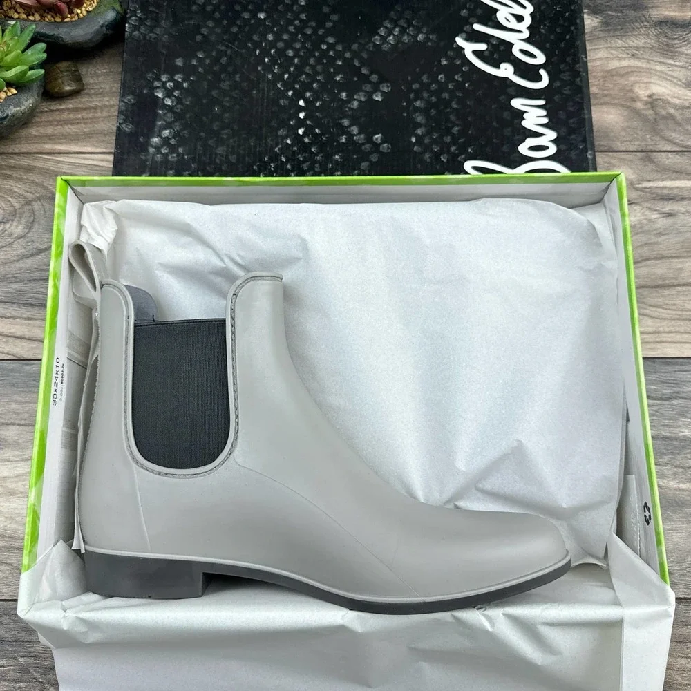 NIB Sam Edelman Tinsley Chelsea Rain Boots Bootie Grey Matte Rubber